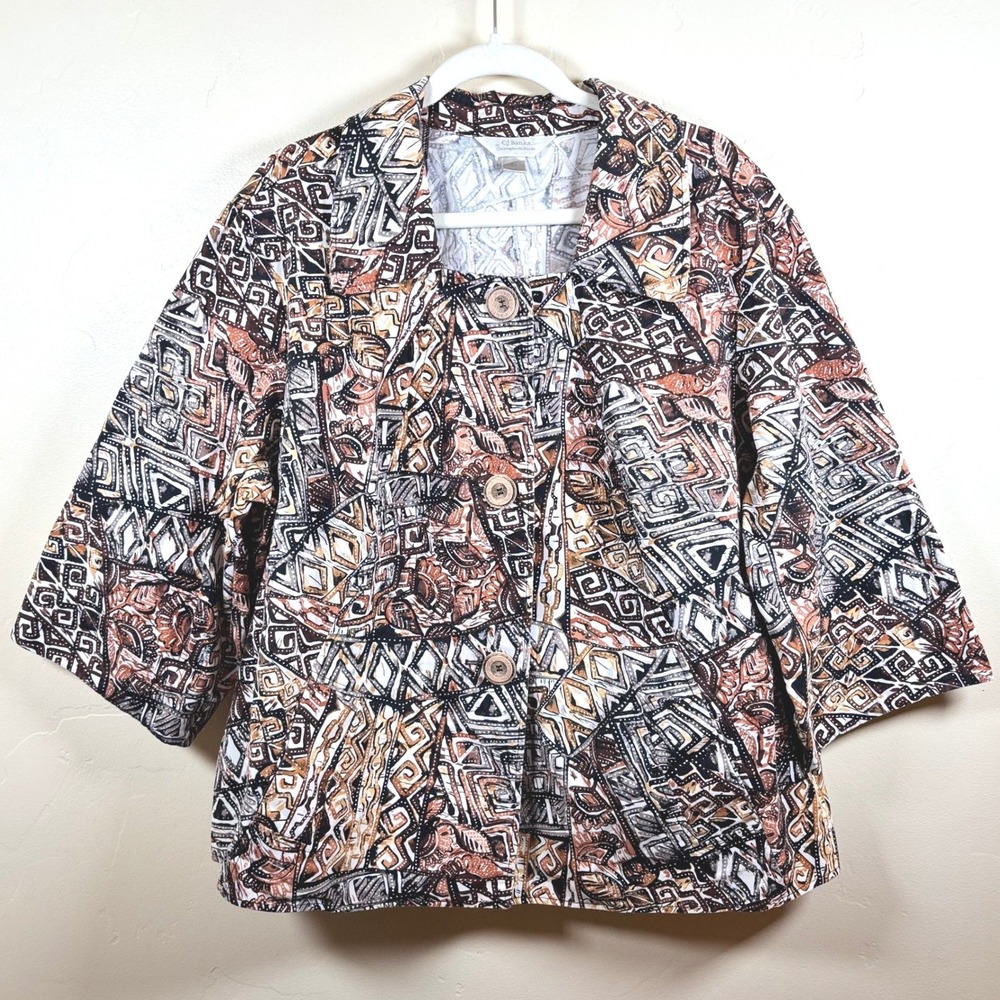 CJ Banks Button Front Jacket Women's 3X Brown Geometric Cotton Boho Artsy Tribal